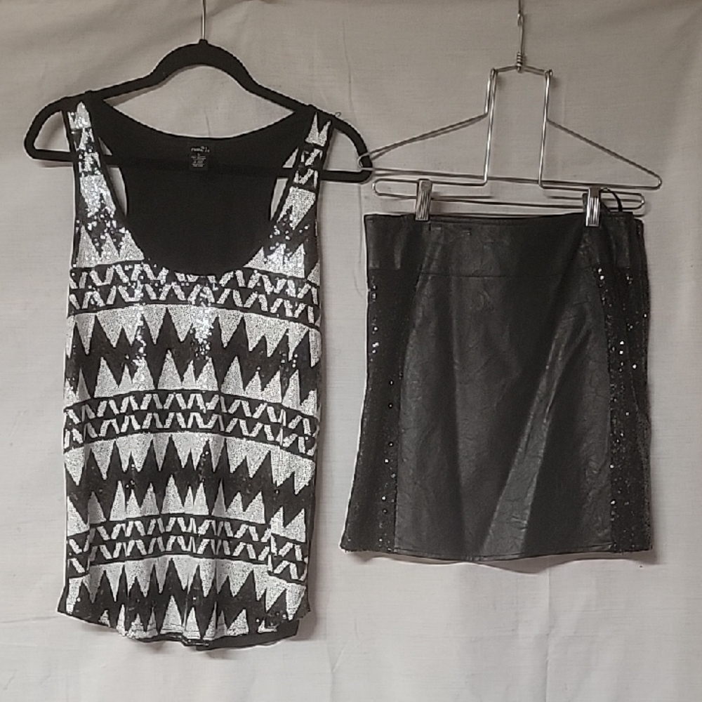 Black And White Sequin Tank And Black Sequin And MISS ME PU Skirt